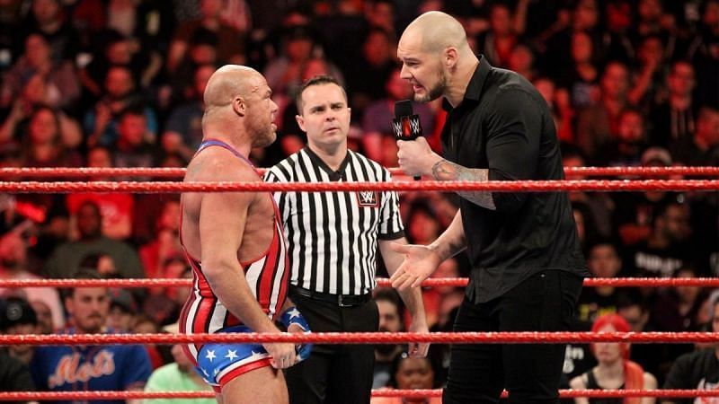 Baron Corbin engaging in a war of words with Kurt Angle