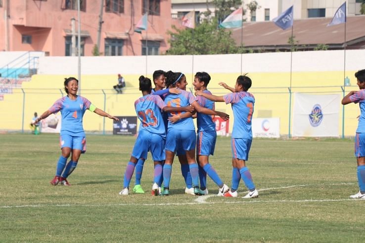 Indian Women&#039;s Football Team celebrates after scoring a goal against Bangladesh in the SAFF Cup semis