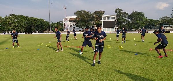 Chennaiyin FC players at a training session in Colombo on the eve of their AFC Cup match