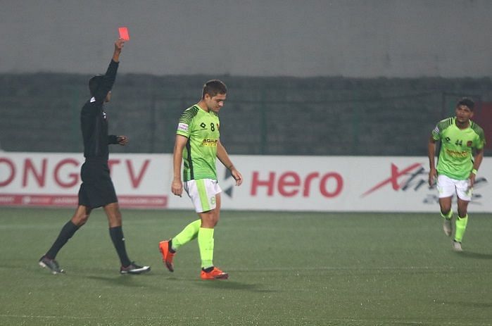 Guilhermo Batata (centre) spat at the referee after being a red card during Gokulam Kerala&#039;s game against Shillong Lajong