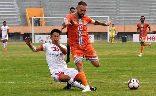 Pedro Manzi (right) converted a penalty for Chennai City against Minerva Punjab