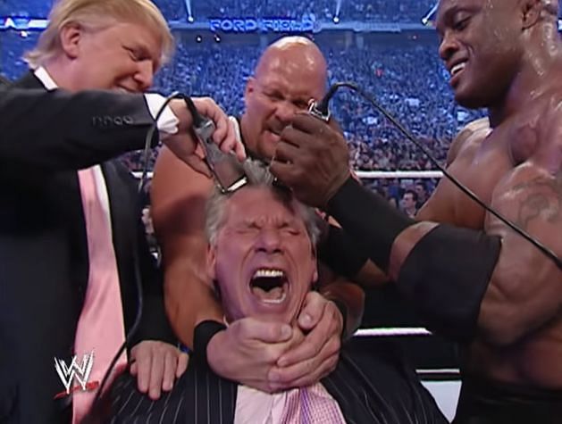 Trump shaving Vince&#039;s hair at WrestleMania 23