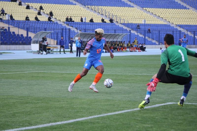India&#039;s Rahul KP of India in action against Uzbekistan during their AFC U-23 Championship Qualifier in Tashkent