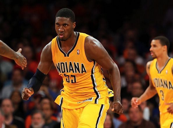 Indiana Pacers&#039; Roy Hibbert in action vs the New York Knicks