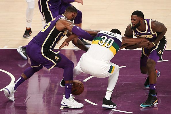 LeBron and Lance battle with former Laker Julius Randle during a narrow win over the Pelicans