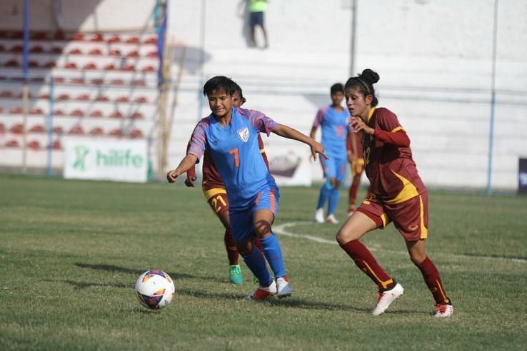 Indian women&#039;s football team in action against Sri Lanka in the SAFF Cup in Nepal