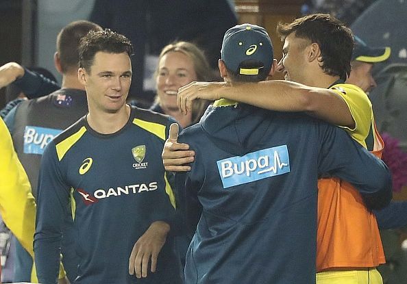 Aussies celebrating after the historic ODI win against India
