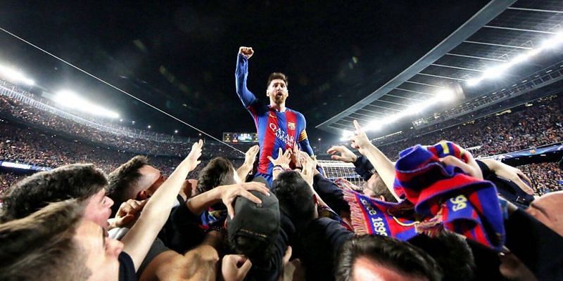 Lionel Messi celebrates Barcelona&#039;s historic win against PSG