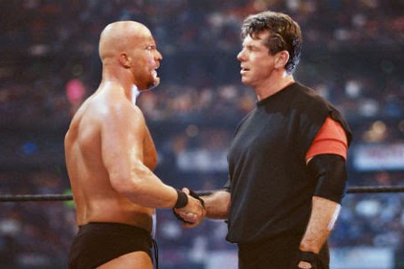 Steve Austin and Mr. McMahon formed an unholy alliance to celebrate at the end of WrestleMania 17.