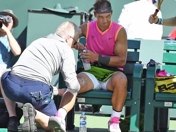 Rafael Nadal taking an injury timeout during his match against Khachanov