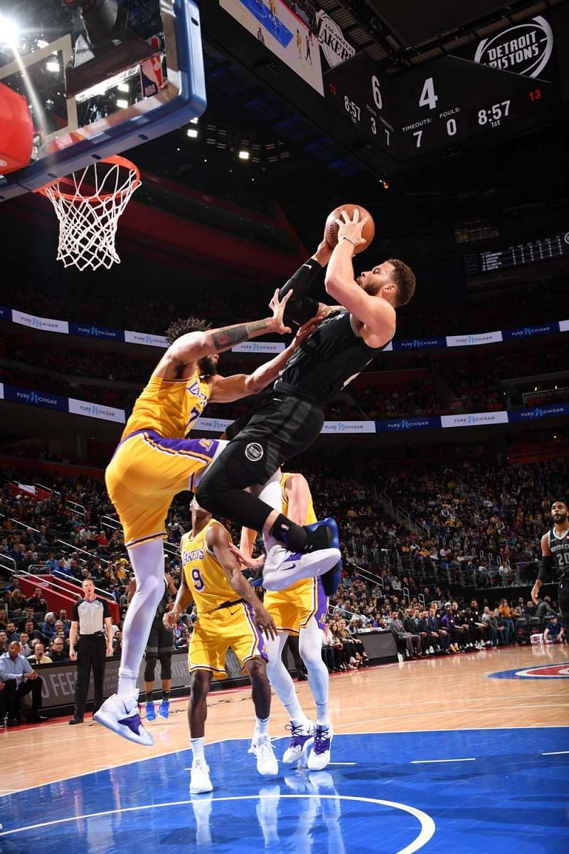 Blake Griffin while driving up the basket vs Los Angeles Lakers