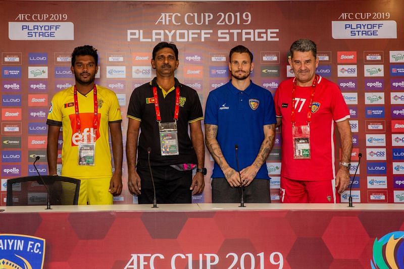 The coaches and players from Chennaiyin FC and Colombo FC at the pre-match press conference