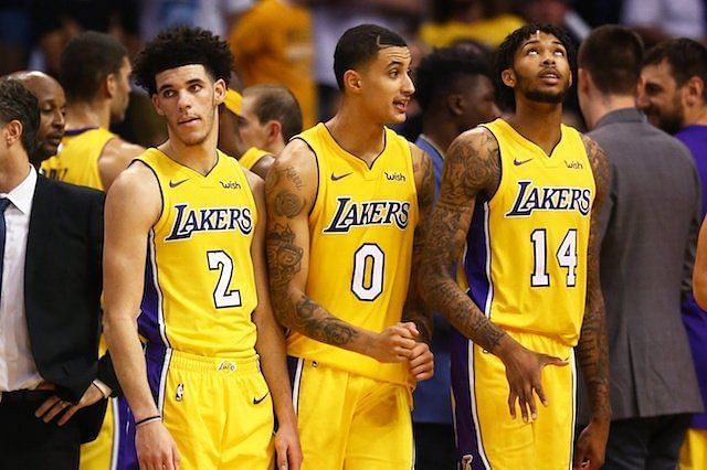 Lonzo Ball (left), Kyle Kuzma (center) and Brandon Ingram (right) of the LA Lakers