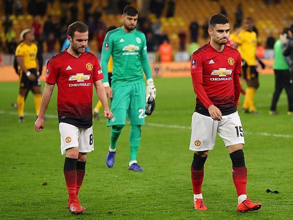 Manchester United players looking disappointed after losing to Wolverhampton Wanderers