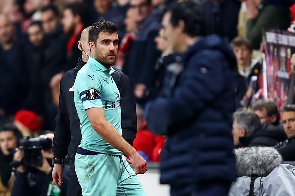 Sokratis was given his marching orders in the 41st minute
