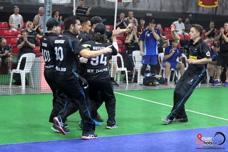 New Zealand celebrate a dismissal during the 2017 Indoor Cricket World Cup (Image Courtesy: Powershots Photography)