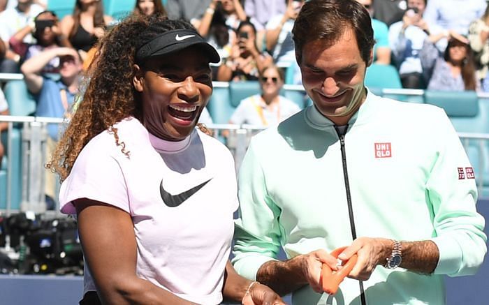 Federer during the launch of the newly built stadium in Miami along with Serena Williams