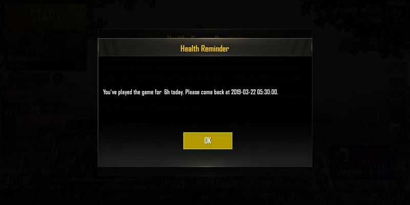 The message players will receive after playing for six hours.