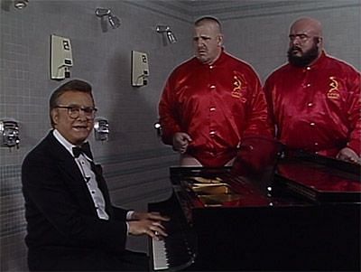 Steve Allen with the Bolshevik before their WrestleMania match against the Hart Foundation