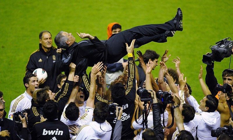 Jose Mourinho celebrates winning the La Liga with Real Madrid in 2012