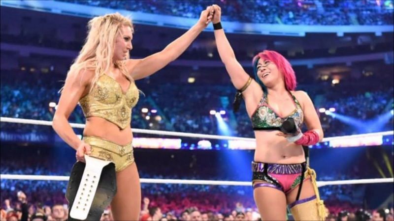 Charlotte Flair and Asuka at WrestleMania 34, where Asuka&#039;s undefeated streak was ended by Flair