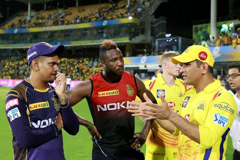 Sunil Narine, Andre Russell &amp; MS Dhoni Enter captio