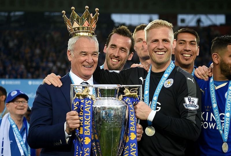 Ex-Leicester City manager Claudio Ranieri with goalkeeper Kasper Schmeichel