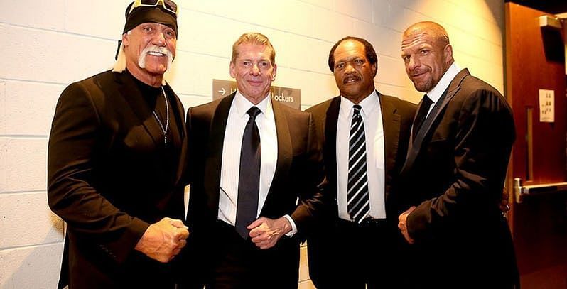 File photo of Hulk Hogan with Vince McMahon, Ron Simmons, and HHH