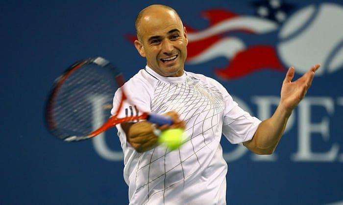 Agassi trying to hit a forehand cross-court in one of his US Open matches
