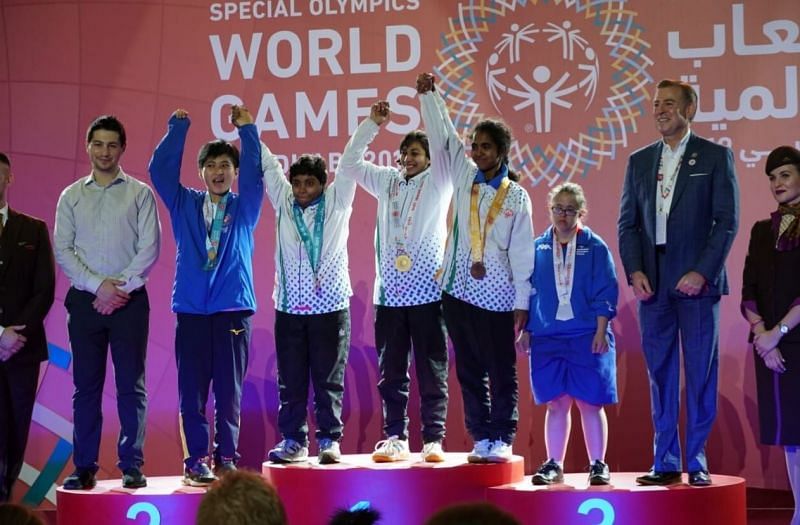 Indian athletes at the medal ceremony