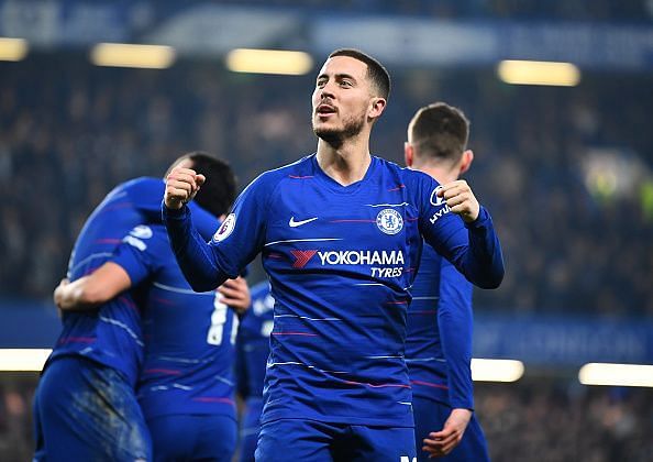 Hazard celebrates a goal for Chelsea