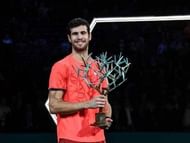 Karen Khachanov winning the Paris Masters in 2018 after beating Novak Djokovic 7-5, 6-4