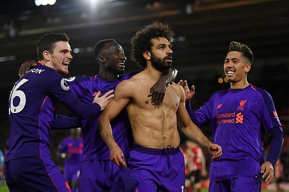 Andrew Robertson, Sadio Mane, Mohamed Salah and Roberto Firmino (right to left)