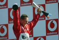 Schumacher of Germany and Ferrari celebrates a win at Monza