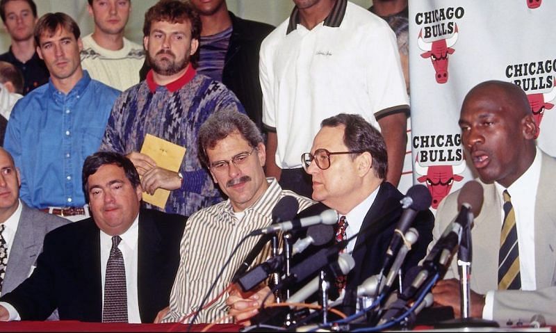 DEERFIELD, IL - OCTOBER 6: Michael Jordan #23 of the Chicago Bulls speaks to the media during his Retirement Press Conference on October 6, 1993 at the Chicago Bulls Practice Facility in in Deerfield, Illinois