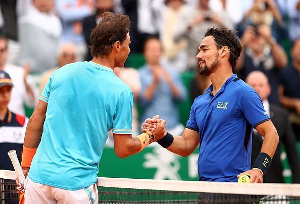 Nadal congratulates Fognini after their semi-final clash at Monaco last week