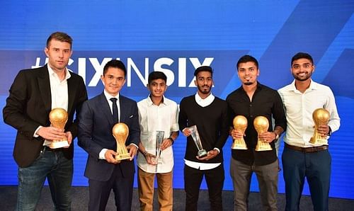 (From L to R) Juanan Gonzalez, Sunil Chhetri, Gautam Rajesh, Amay Morajkar, Rahul Bheke, Parag Shrivas