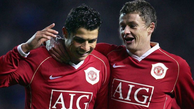 Solksjaer with Cristiano Ronaldo during their days at Manchester United