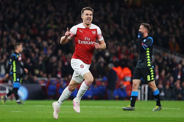 Aaron Ramsey celebrates his opening goal against Napoli in the UEFA Europa League