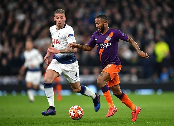 Alderweireld in pursuit of City&#039;s best attacker on the evening, Raheem Sterling