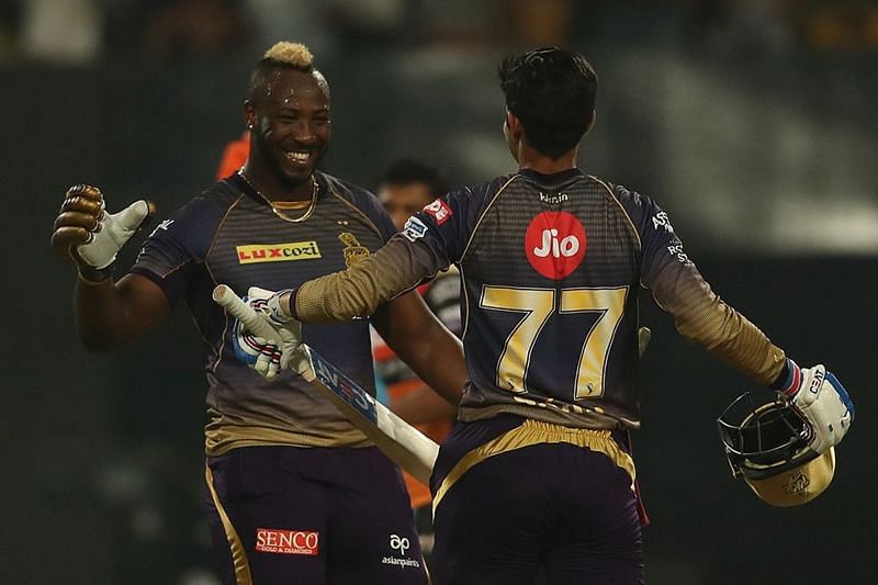 Shubman Gill and Andre Russell after chasing down SRH&#039;s total of 181. (Image Courtesy: IPLT20)