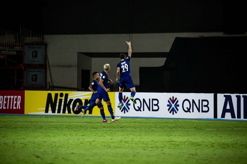 Chris Herd celebrates after the first goal against Manang Marshyangdi