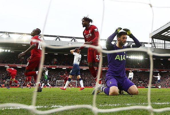 Lloris in disbelief after fumbling Salah&#039;s headed effort, watching it trickle and bounce off Alderweireld in