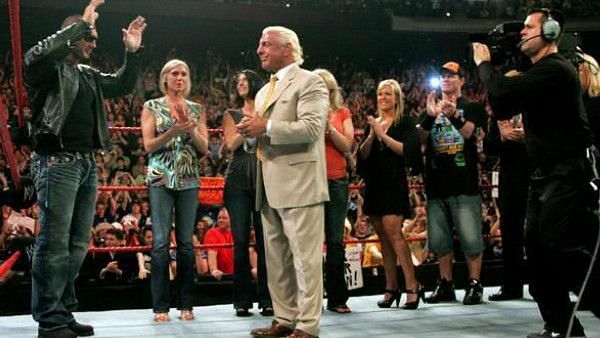 Batista and Flair during his retirement ceremony