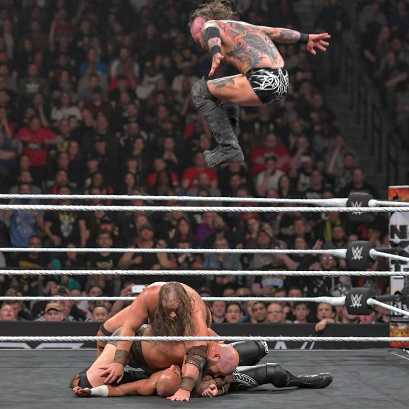 One of the many painful moments of the amazing tag team match.