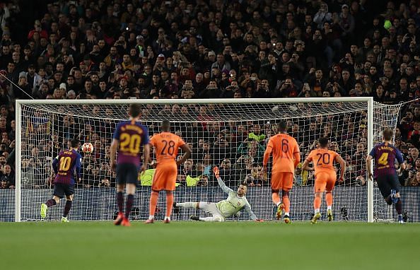 Messi&#039;s last 16 panenka . FC Barcelona v Olympique Lyonnais - UEFA Champions League Round of 16: Second Leg