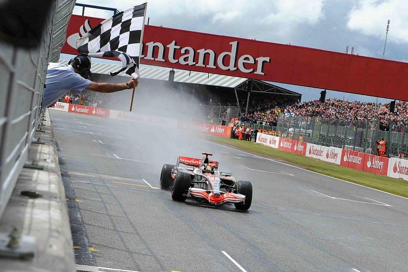 Lewis Hamilton winning the British Grand Prix for McLaren in 2008