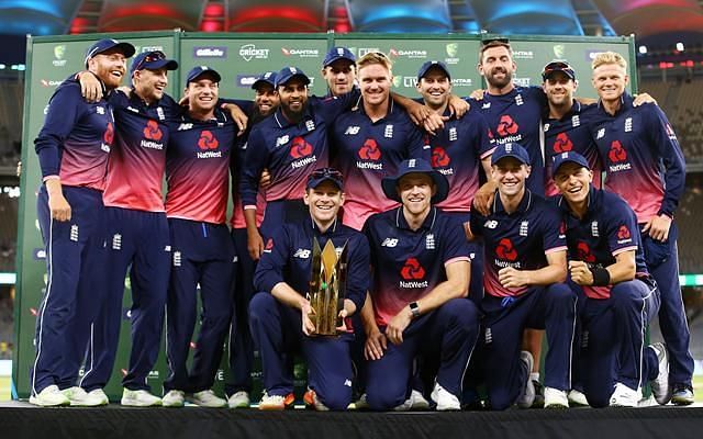 England lifting the trophy after beating Australia 4-1 down under