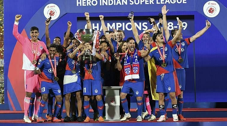Bengaluru FC players celebrate after winning the ISL final against FC Goa