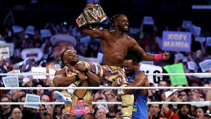 Kofi Kingston after winning the WWE Title at WrestleMania 35